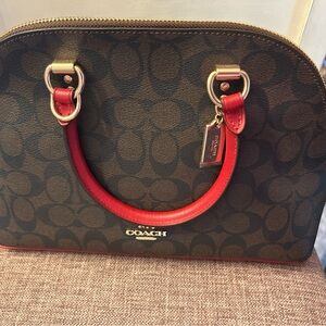 Coach Brown Signature Dome Satchel with Red Trim
